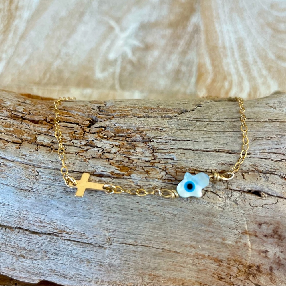 Handmade 14k gold filled east west cross & mother of pearl Hamsa bracelet